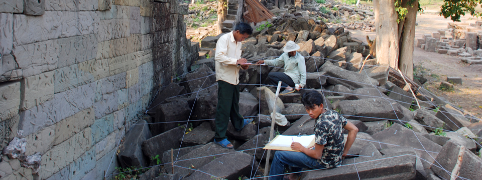 Contribute Content & Updates - Recording fallen stones in situ at Banteay <br />Chhmar, Cambodia.