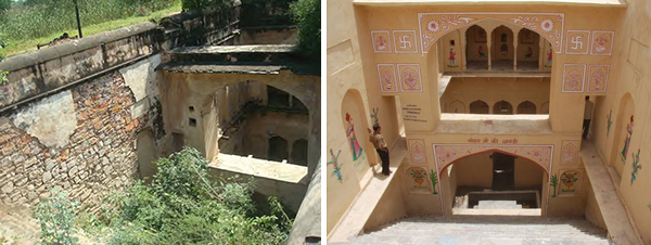 Left: Stepwell before restoration. Right: Stepwell after restoration 